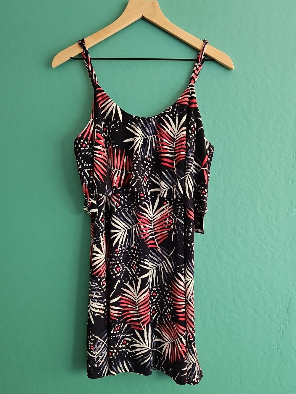 Express Navy Sun Dress with Coral and Cream Palm Print